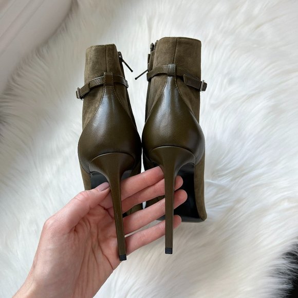 Saint Laurent Women's Paris Army Green Open Toe Suede Ankle Bootie Size 38 - Picture 5 of 6